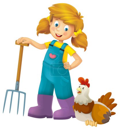 cartoon scene with farmer girl standing with pitchfork and farm animal isolated background illustation for children