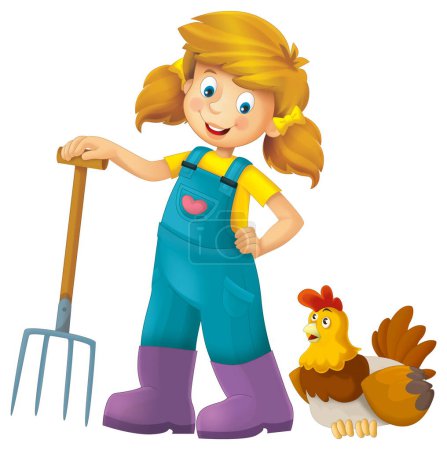 Téléchargez les photos : Cartoon scene with farmer girl standing with pitchfork and farm animal isolated background illustation for children - en image libre de droit