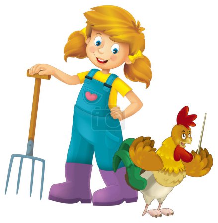 Téléchargez les photos : Scène de dessin animé avec une agricultrice debout avec fourche et coq animal de ferme poulet oiseau arrière-plan isolé illustation pour enfants - en image libre de droit