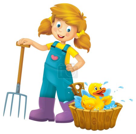 cartoon scene with farmer girl standing with pitchfork and farm animal duck bird isolated background illustation for children