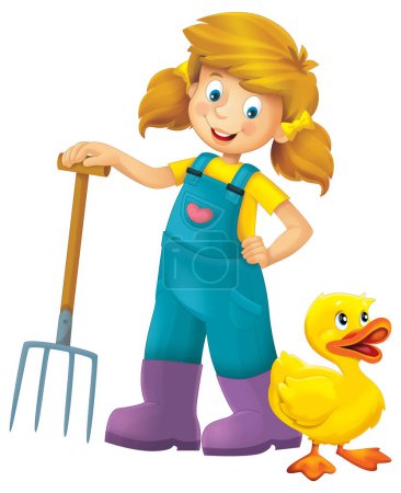 Foto de Escena de dibujos animados con chica campesina de pie con horquilla y ave de pato animal de granja fondo aislado ilustración para niños - Imagen libre de derechos