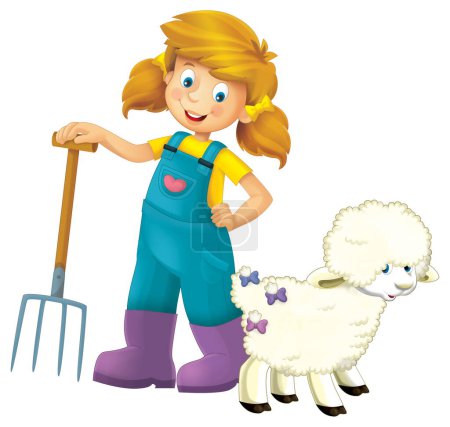 cartoon scene with farmer girl standing with pitchfork and farm animal sheep isolated background illustation for children