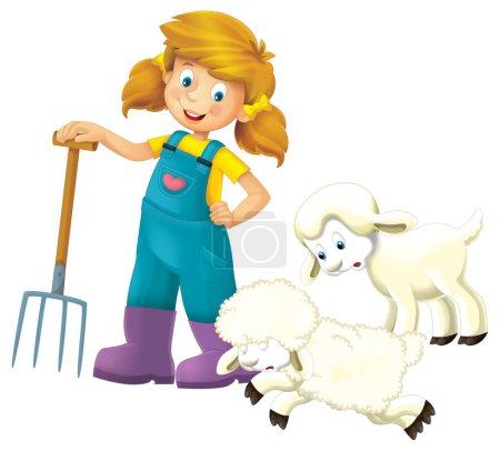 Téléchargez les photos : Scène de dessin animé avec une agricultrice debout avec fourche et mouton de ferme isolé illustation arrière-plan pour les enfants - en image libre de droit