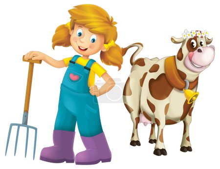 Téléchargez les photos : Scène de dessin animé avec une agricultrice debout avec fourche et animal de ferme vache taureau arrière-plan isolé illustation pour enfants - en image libre de droit