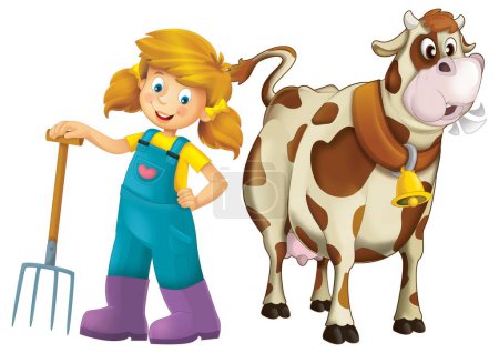 Téléchargez les photos : Scène de dessin animé avec une agricultrice debout avec fourche et animal de ferme vache taureau arrière-plan isolé illustation pour enfants - en image libre de droit