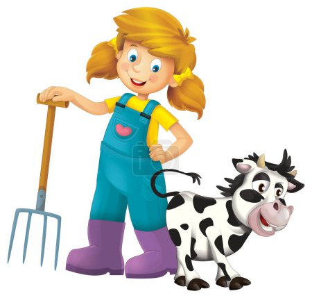 cartoon scene with farmer girl standing with pitchfork and farm animal cow calf isolated background illustation for children