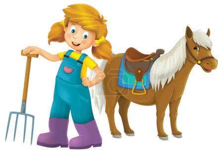 Téléchargez les photos : Scène de dessin animé avec une agricultrice debout avec fourche et étalon de cheval animal de ferme, poney isolé illustation de fond pour les enfants - en image libre de droit