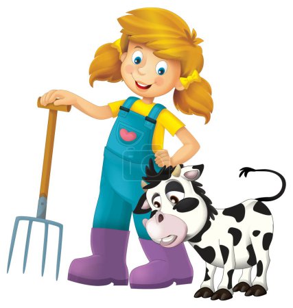 cartoon scene with farmer girl standing with pitchfork and farm animal cow calf isolated background illustation for children