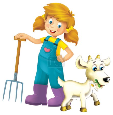 Téléchargez les photos : Scène de dessin animé avec une agricultrice debout avec fourche et chèvre d'élevage isolé illustation de fond pour les enfants - en image libre de droit