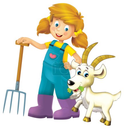 Foto de Escena de dibujos animados con chica campesina de pie con horquilla y cabra de granja fondo aislado ilustración para niños - Imagen libre de derechos