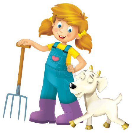 Téléchargez les photos : Scène de dessin animé avec une agricultrice debout avec fourche et chèvre d'élevage isolé illustation de fond pour les enfants - en image libre de droit
