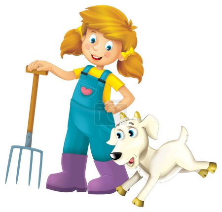 Photo for Cartoon scene with farmer girl standing with pitchfork and farm animal goat isolated background illustation for children - Royalty Free Image