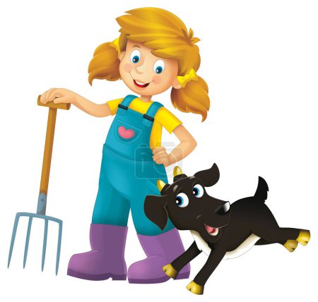 cartoon scene with farmer girl standing with pitchfork and farm animal goat isolated background illustation for children