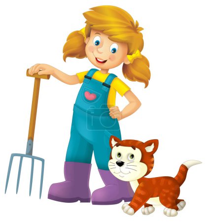 Foto de Escena de dibujos animados con chica agricultor de pie con horquilla y gato gato de granja gato aislado fondo ilustración para niños - Imagen libre de derechos