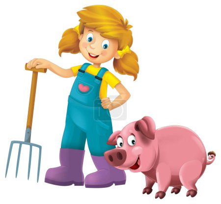 Foto de Escena de dibujos animados con chica campesina de pie con horquilla y cerdo cerdo de granja fondo aislado ilustración para niños - Imagen libre de derechos