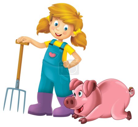 Foto de Escena de dibujos animados con chica campesina de pie con horquilla y cerdo cerdo de granja fondo aislado ilustración para niños - Imagen libre de derechos