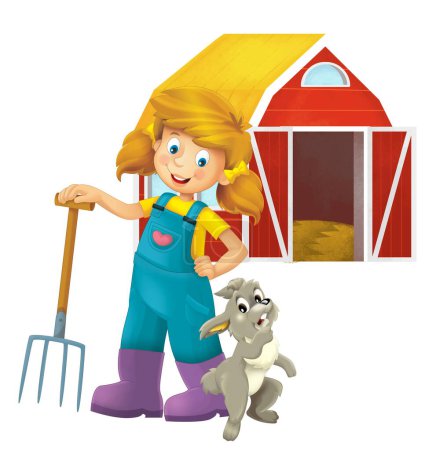 cartoon scene with farmer girl standing with pitchfork and farm animal rabbit bunny hare isolated background illustation for children