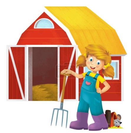 cartoon scene with farmer girl standing with pitchfork and farm animal mouse rat rodent isolated background illustation for children