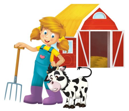 Téléchargez les photos : Scène de dessin animé avec une agricultrice debout avec fourche et veau de vache d'élevage isolé illustation de fond pour les enfants - en image libre de droit