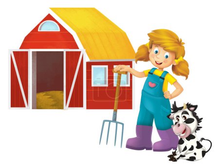 Téléchargez les photos : Scène de dessin animé avec une agricultrice debout avec fourche et veau de vache d'élevage isolé illustation de fond pour les enfants - en image libre de droit