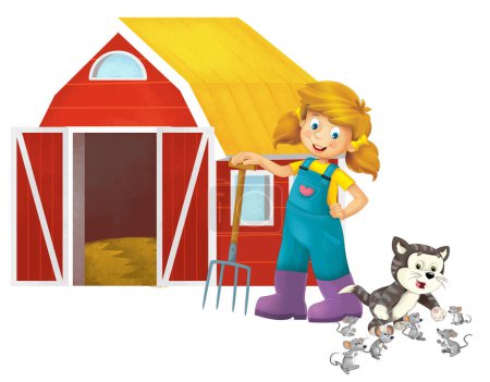 Foto de Escena de dibujos animados con chica agricultor de pie con horquilla y gato gato de granja gato aislado fondo ilustración para niños - Imagen libre de derechos