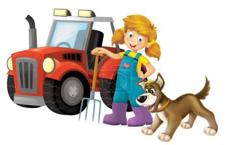 Téléchargez les photos : Scène de dessin animé avec une agricultrice debout avec fourche et animaux de ferme isolé illustation arrière-plan pour les enfants - en image libre de droit