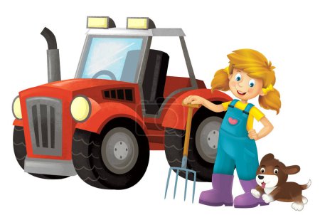 Téléchargez les photos : Scène de dessin animé avec une agricultrice debout avec fourche et animaux de ferme isolé illustation arrière-plan pour les enfants - en image libre de droit