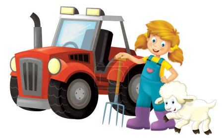 Téléchargez les photos : Scène de dessin animé avec une agricultrice debout avec fourche et mouton de ferme isolé illustation arrière-plan pour les enfants - en image libre de droit