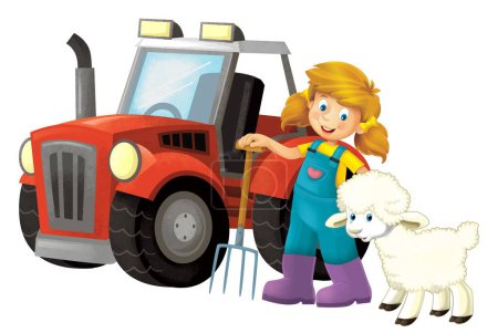 Foto de Escena de dibujos animados con chica campesina de pie con horquilla y oveja de granja fondo aislado ilustración para niños - Imagen libre de derechos
