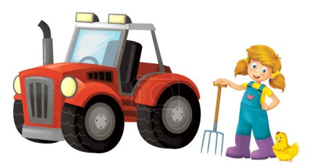cartoon scene with farmer girl standing with pitchfork and farm animal chicken young hens roosters birds isolated background illustation for children