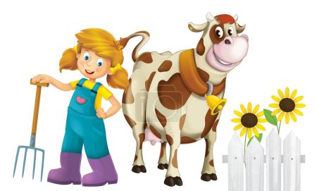 Foto de Escena de dibujos animados con chica campesina de pie con horquilla y granja animal vaca toro aislado fondo ilustración para niños - Imagen libre de derechos