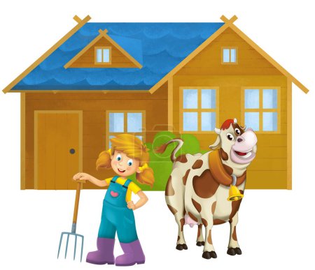Photo for Cartoon scene with farmer girl standing with pitchfork and farm animal cow bull isolated background illustation for children - Royalty Free Image