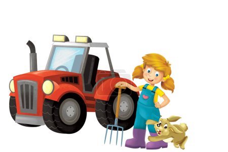 Foto de Escena de dibujos animados con chica agricultor de pie con horquilla y animal de granja conejo conejo liebre aislado fondo ilustración para niños - Imagen libre de derechos