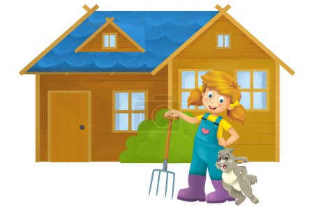 Photo for Cartoon scene with farmer girl standing with pitchfork and farm animal rabbit bunny hare isolated background illustation for children - Royalty Free Image