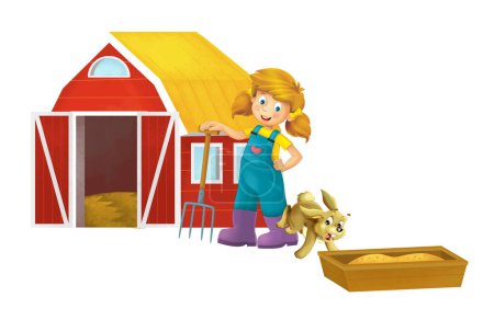 cartoon scene with farmer girl standing with pitchfork and farm animal rabbit bunny hare isolated background illustation for children