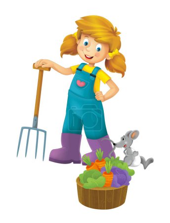 Photo for Cartoon scene with farmer girl standing with pitchfork and farm animal mouse rat rodent isolated background illustation for children - Royalty Free Image