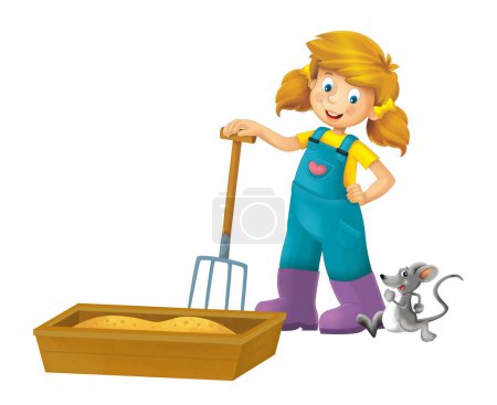 Photo for Cartoon scene with farmer girl standing with pitchfork and farm animal mouse rat rodent isolated background illustation for children - Royalty Free Image