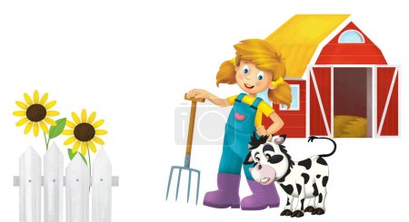 Photo for Cartoon scene with farmer girl standing with pitchfork and farm animal cow calf isolated background illustation for children - Royalty Free Image