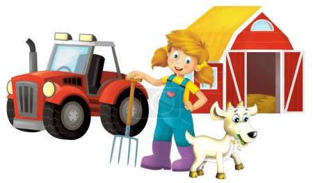 Foto de Escena de dibujos animados con chica campesina de pie con horquilla y cabra de granja fondo aislado ilustración para niños - Imagen libre de derechos