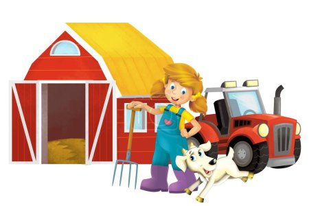 Photo for Cartoon scene with farmer girl standing with pitchfork and farm animal goat isolated background illustation for children - Royalty Free Image
