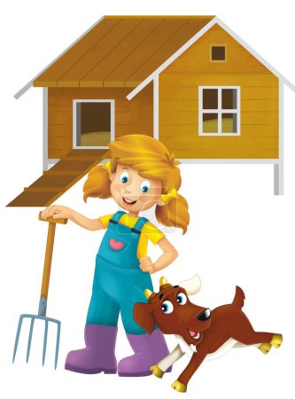 cartoon scene with farmer girl standing with pitchfork and farm animal goat isolated background illustation for children