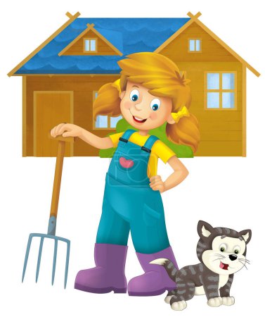 Photo for Cartoon scene with farmer girl standing with pitchfork and farm animal cat kitty isolated background illustation for children - Royalty Free Image