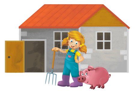 cartoon scene with farmer girl standing with pitchfork and farm animal pig hog isolated background illustation for children