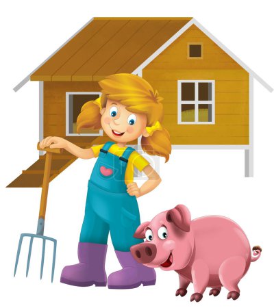 Téléchargez les photos : Scène de dessin animé avec fille de fermier debout avec fourche et porc de ferme porc isolé fond illustation pour les enfants - en image libre de droit