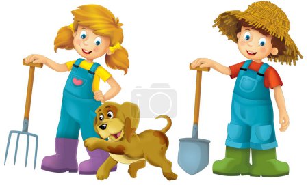 Photo for Cartoon scene with farmer girl and boy standing with pitchfork and farm animal isolated background illustation for children - Royalty Free Image