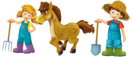 Foto de Escena de dibujos animados con chica agricultor y niño de pie con horquilla y caballo de granja caballo caballo semental fondo aislado ilustración para niños - Imagen libre de derechos