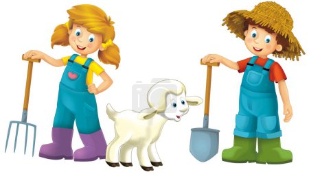 Foto de Escena de dibujos animados con niña agricultora y niño de pie con horquilla y oveja de granja fondo aislado ilustración para niños - Imagen libre de derechos