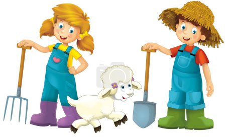 Téléchargez les photos : Scène de dessin animé avec fille et garçon fermier debout avec fourche et mouton de ferme isolé illustation arrière-plan pour les enfants - en image libre de droit