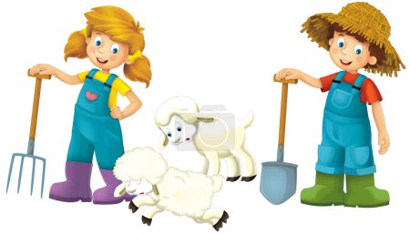 Téléchargez les photos : Scène de dessin animé avec fille et garçon fermier debout avec fourche et mouton de ferme isolé illustation arrière-plan pour les enfants - en image libre de droit