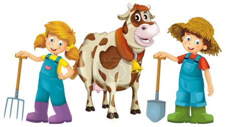 cartoon scene with farmer girl and boy standing with pitchfork and farm animal cow bull isolated background illustation for children